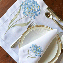 Load image into Gallery viewer, Fleur Bleue placemat embroidered 100% linen with napkin