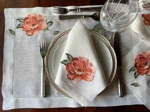 Fleur Rose embroidered ivory linen placemat with napkin