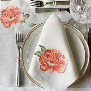 Fleur Rose embroidered ivory linen placemat with napkin