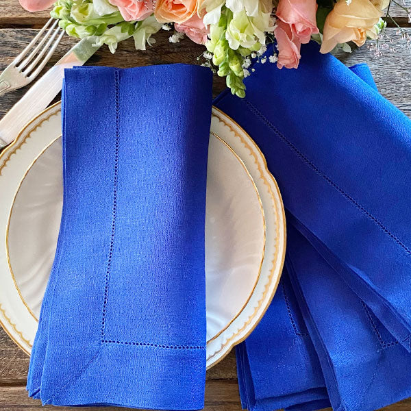 Guardanapo Azul Royal bainha ajour 100% linho 50x50cm unidade