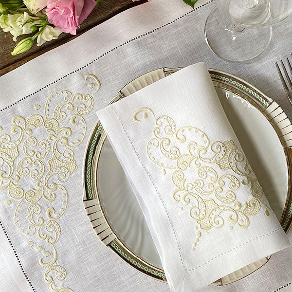 Beige embroidered Arabesque placemat 100% linen with napkin 