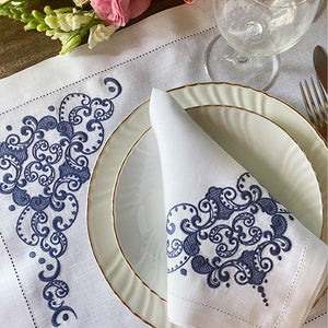 Arabesque Blue placemat set embroidered 100% linen with napkin 