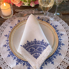 Load image into Gallery viewer, Blue embroidered Venice placemat 100% linen and lace 0.41cm with napkin 