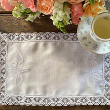 Load image into Gallery viewer, Embroidered and lace Sieve Leaf Tray Cloth 23x37cm 100% linen