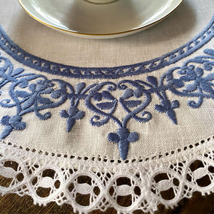Royal Tray Cloth embroidered and lace 36cm round