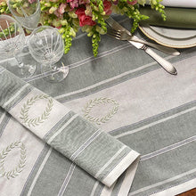 Load image into Gallery viewer, Embroidered green stripes table centerpiece 100% linen 50x2.40 mt