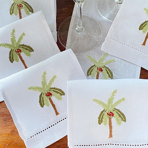 Embroidered Palm Tree Açaí Cocktail Napkin - Kit 6 units, 100% linen