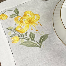 Load image into Gallery viewer, Yellow Lily placemat embroidered 100% linen with napkin 