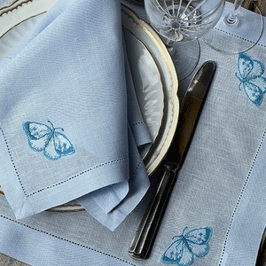 Blue Butterfly placemat embroidered 100% linen with napkin