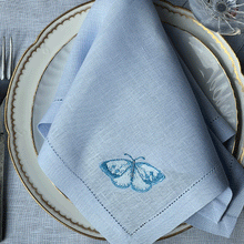 Load image into Gallery viewer, Blue Butterfly placemat embroidered 100% linen with napkin