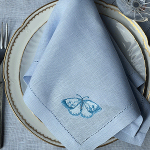 Blue Butterfly placemat embroidered 100% linen with napkin