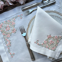 Load image into Gallery viewer, Arabesque Bouquet Placemat in pastel tones 100% pearl linen with napkin