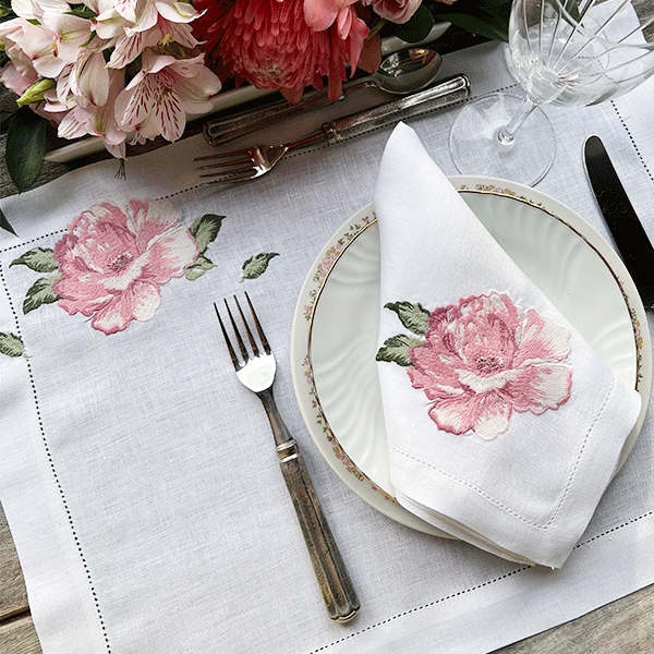 Fleur Rose embroidered 100% white linen placemat with napkin