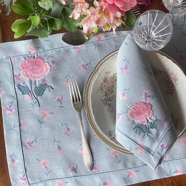 Rose Garden Flower Placemat 100% linen printed with Napkin