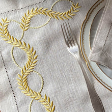 Load image into Gallery viewer, Embroidered mustard leaves placemat 100% linen with napkin 