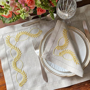 Embroidered mustard leaves placemat 100% linen with napkin 