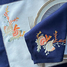 Load image into Gallery viewer, Fruit de Mer placemat set navy frame 100% linen with napkin