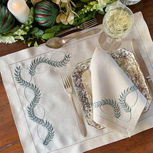 Load image into Gallery viewer, Green Leaf placemat embroidered 100% beige linen with napkin