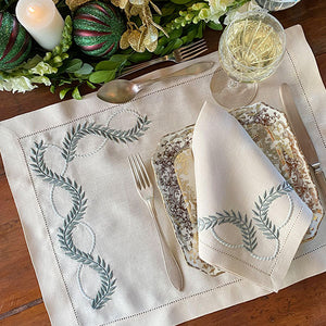 Green Leaf placemat embroidered 100% beige linen with napkin