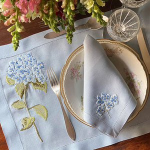 Blue Hortência Placemat Set 100% vintage blue linen with napkin 