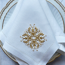 Load image into Gallery viewer, Lisbon placemat embroidered mustard 100% linen with napkin
