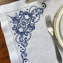 Load image into Gallery viewer, Arabesque Blue placemat set embroidered 100% linen with napkin 
