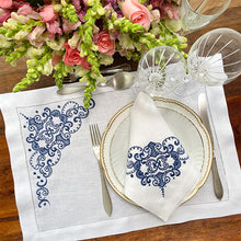 Load image into Gallery viewer, Arabesque Blue placemat set embroidered 100% linen with napkin 