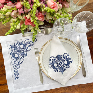 Arabesque Blue placemat set embroidered 100% linen with napkin 