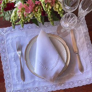 Vintage white 100% linen lace placemat with napkin