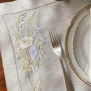 Embroidered wheat placemat 100% natural beige linen with napkin 