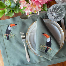 Load image into Gallery viewer, Tropical Tucano placemat 100% moss green linen with napkin