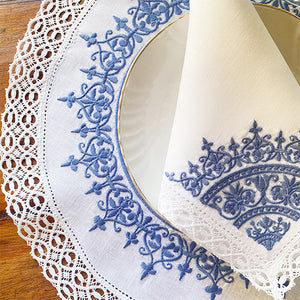 Blue embroidered Venice placemat 100% linen and lace 0.41cm with napkin 