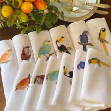 Load image into Gallery viewer, Embroidered Tropical Birds Placemats 100% linen with Napkins Kit (12 pieces)
