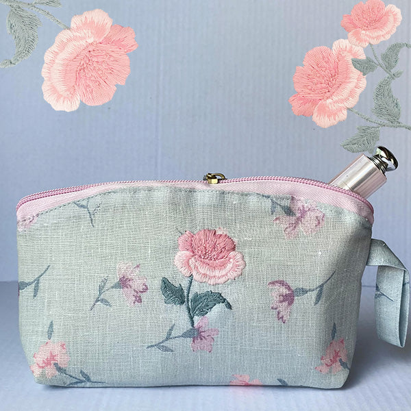 Embroidered flower printed linen toiletry bag medium size 