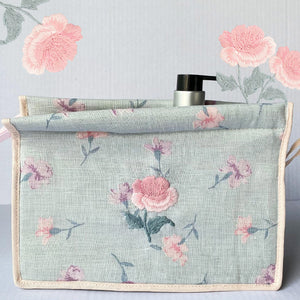 Flower embroidered printed linen toiletry bag one size