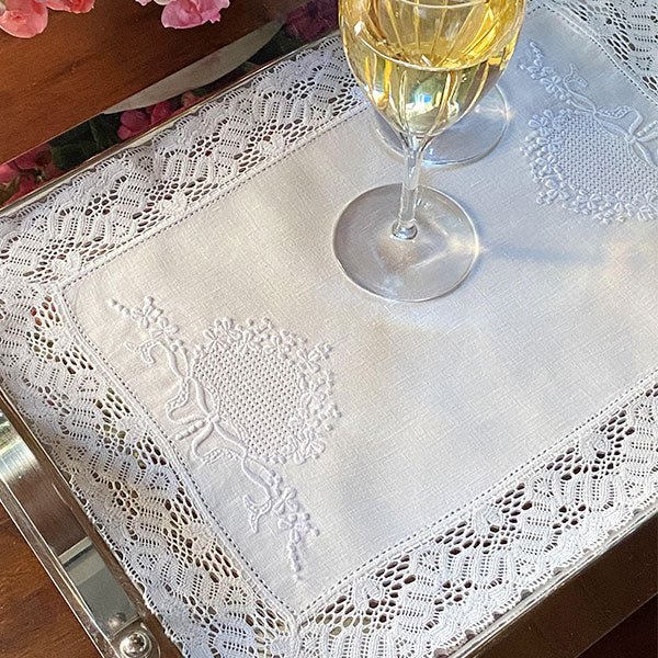 White Sieve Tray Cloth with embroidery and lace 36x48cm