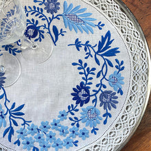 Load image into Gallery viewer, Blue Embroidered Floral Tray Cloth 0.41cm Round 100% Linen