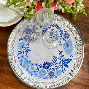 Blue Embroidered Floral Tray Cloth 0.41cm Round 100% Linen