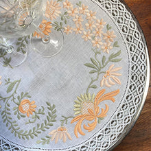 Load image into Gallery viewer, Embroidered Floral Tray Cloth and salmon-green lace 0.41cm round