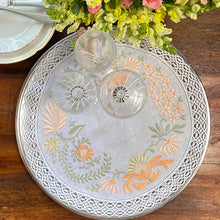 Load image into Gallery viewer, Embroidered Floral Tray Cloth and salmon-green lace 0.41cm round