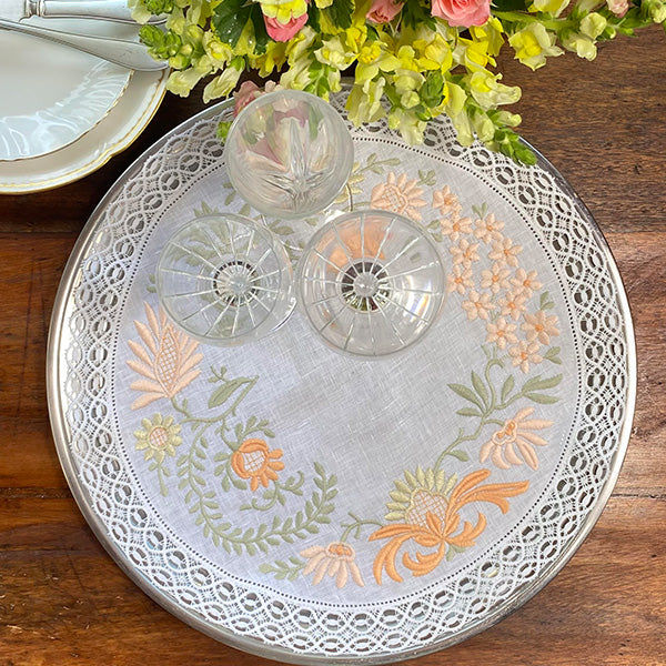 Embroidered Floral Tray Cloth and salmon-green lace 0.41cm round