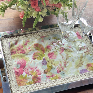 Vintage Floral Tray Cloth 100% linen with lace 30x40cm 