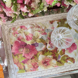 Vintage Floral Tray Cloth 100% linen double lace 31x43cm 