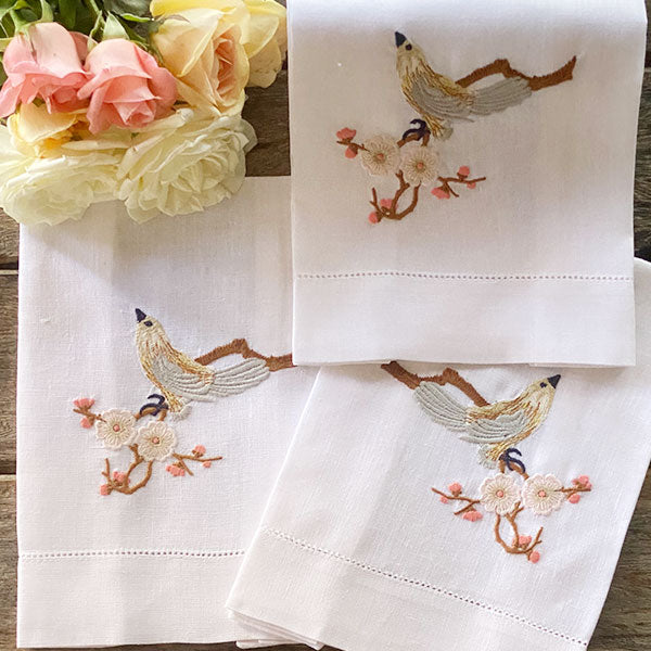 Cherry Bird Guest Towel embroidered 100% linen 26x45cm unit