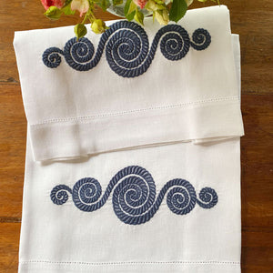 Nautical Bath Towel embroidered navy blue 100% linen 42x75cm