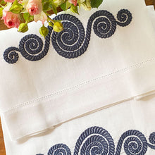 Load image into Gallery viewer, Nautical Bath Towel embroidered navy blue 100% linen 42x75cm