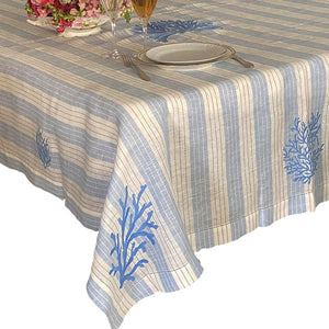 Coral Blue Striped Tablecloth 100% European linen without napkin