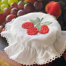 Load image into Gallery viewer, Raspberry glass lid embroidered with lace