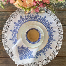 Load image into Gallery viewer, Blue embroidered Venice placemat 100% linen and lace 0.41cm with napkin 
